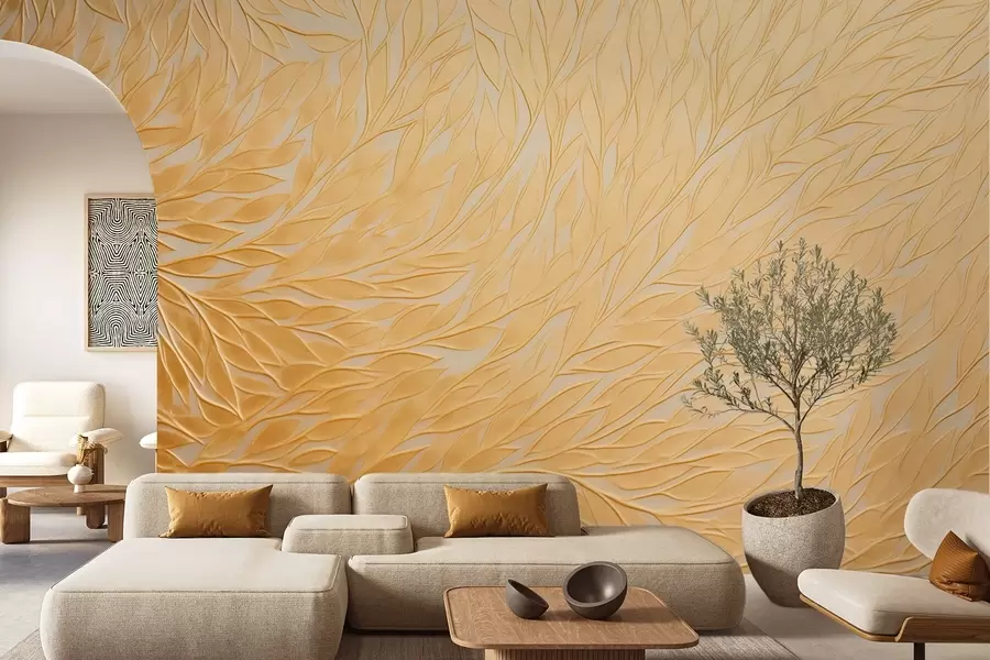 murales de pared Motivo de hojas en relieve en cálidos tonos amarillo miel w09325