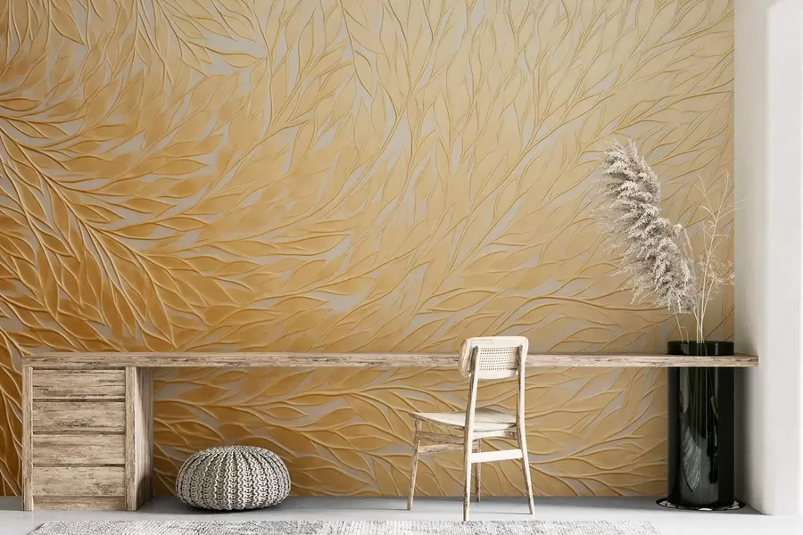 murales de pared Motivo de hojas en relieve en cálidos tonos amarillo miel w09325