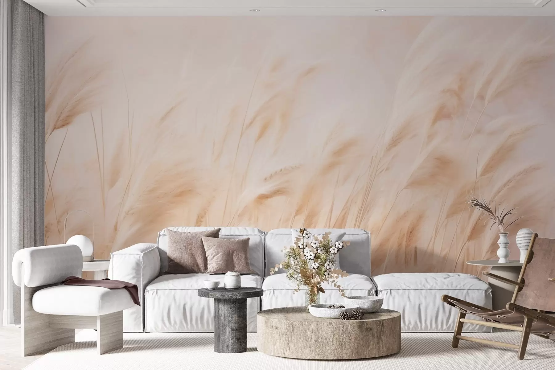 murales de pared Suave vaivén de pampas en suaves tonos crema y beige w09330