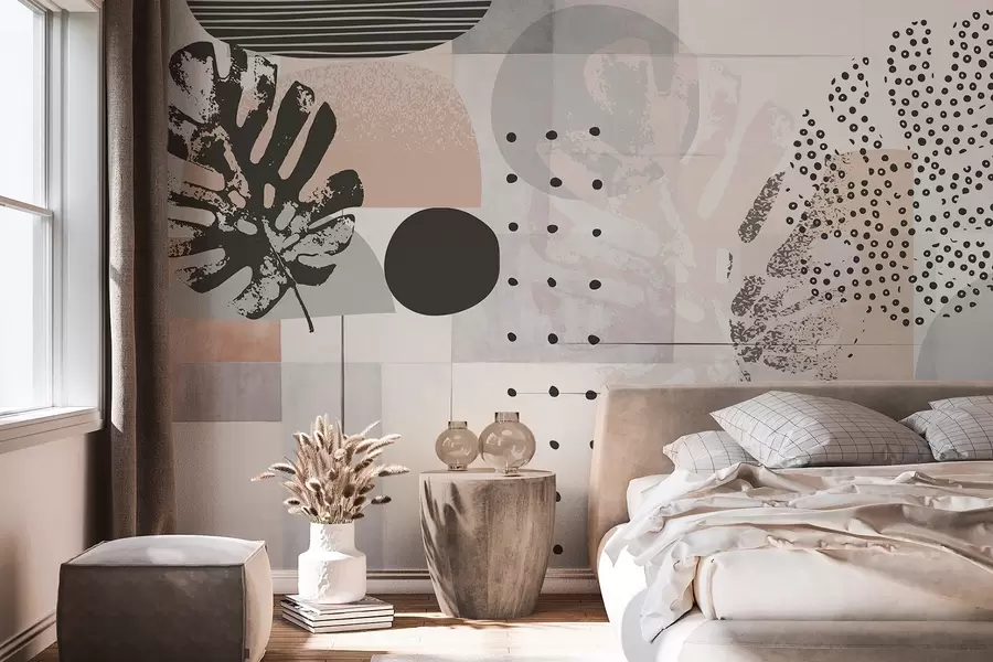 murales de pared Estampado abstracto con formas geométricas y hojas tropicales de monstera, círculos, puntos y líneas, diseño moderno y minimalista w09333