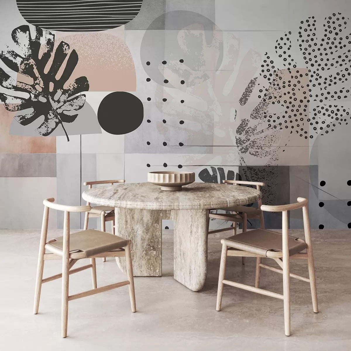 murales de pared Estampado abstracto con formas geométricas y hojas tropicales de monstera, círculos, puntos y líneas, diseño moderno y minimalista w09333