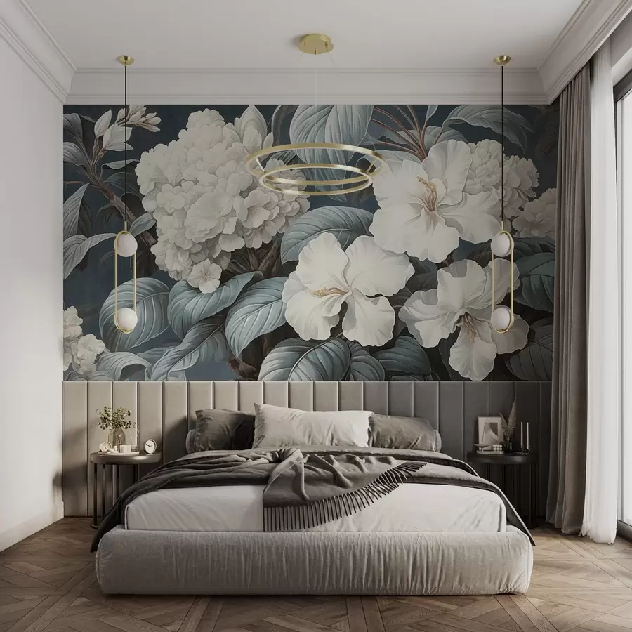 murales de pared Flores tropicales blancas con delicados pétalos y hojas en un fondo azul oscuro, estilo vintage texturizado, ilustración botánica w09334
