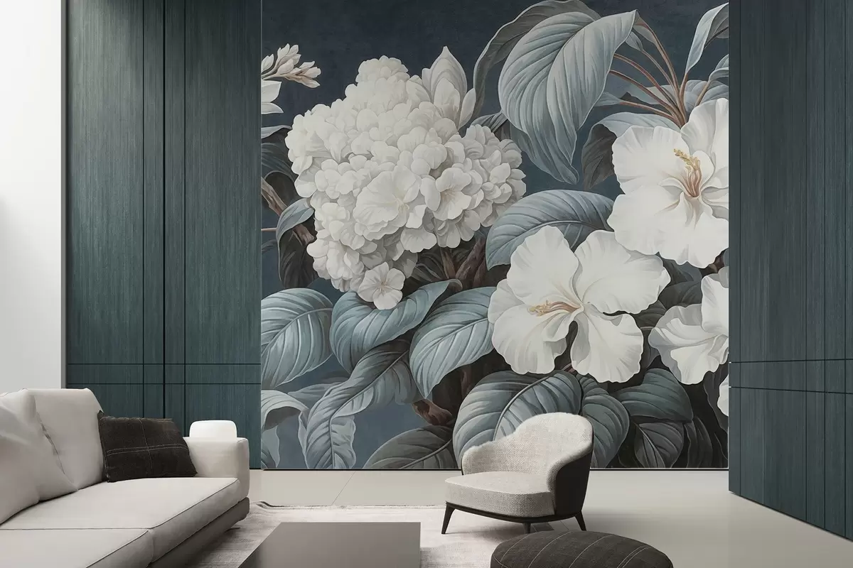 murales de pared Flores tropicales blancas con delicados pétalos y hojas en un fondo azul oscuro, estilo vintage texturizado, ilustración botánica w09334