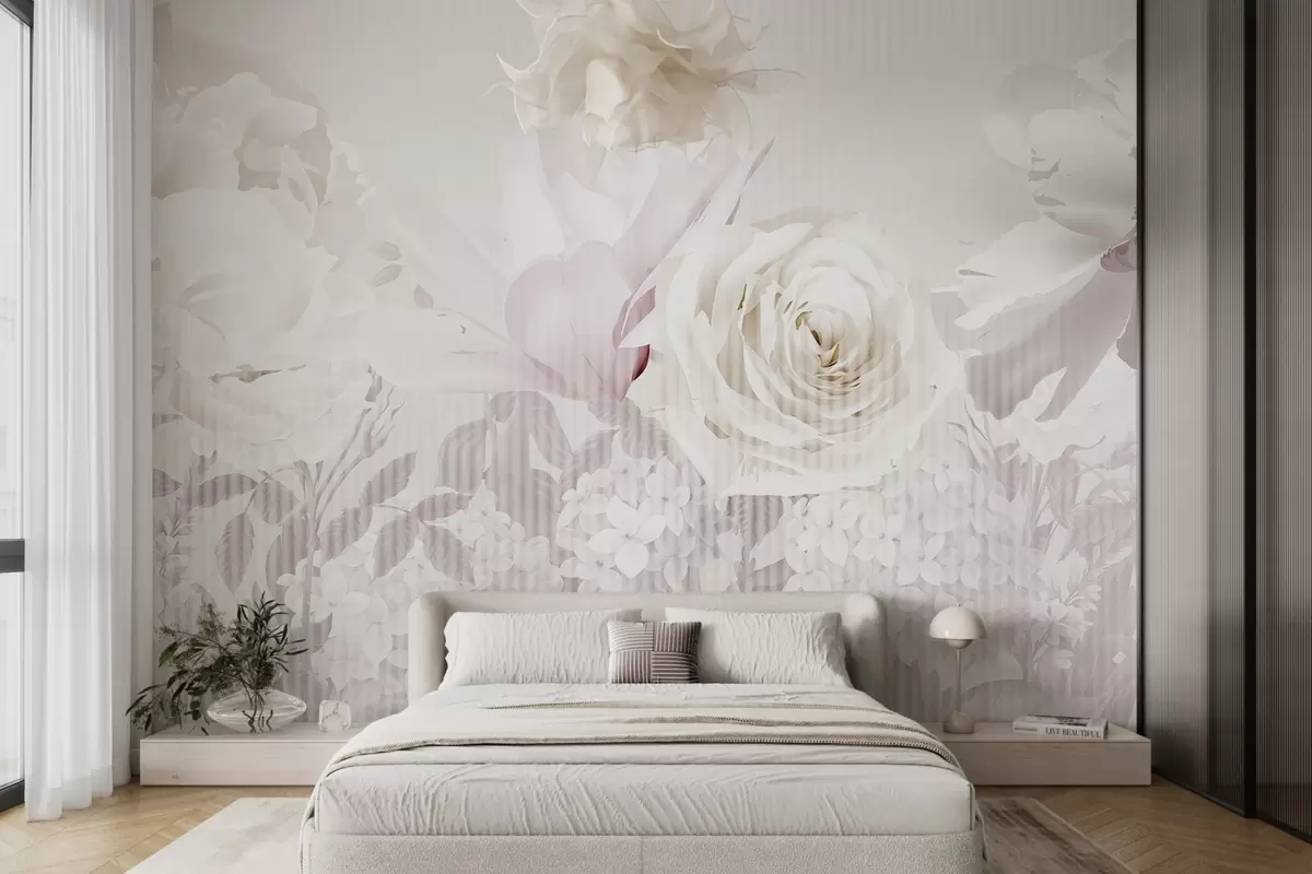 murales de pared Arreglo floral con rosas, hortensias y tulipanes en suaves tonos pastel de blanco, rosa y beige, con textura rayada w09340