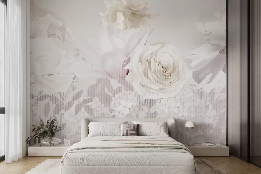 murales de pared Arreglo floral con rosas, hortensias y tulipanes en suaves tonos pastel de blanco, rosa y beige, con textura rayada w09340