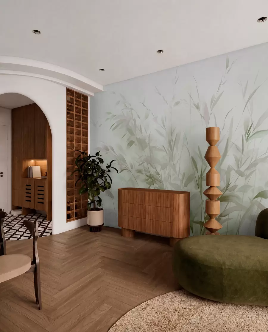 murales de pared Hierba y maleza con hojas y tallos finos, colores verde claro y marrón, pinceladas suaves y delicadas, estampado minimalista w09342