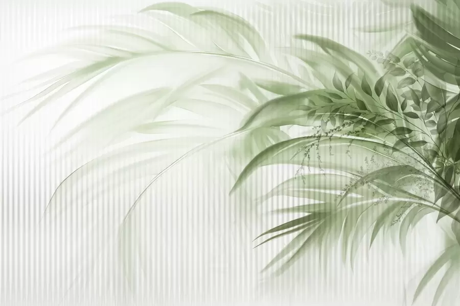 murales de pared Palmera tropical de hojas verdes con fondo blanco a rayas, iluminación suave, pinceladas delicadas, formas orgánicas w09343