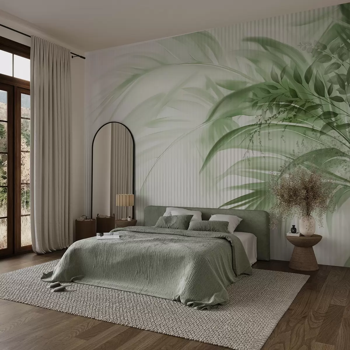 murales de pared Palmera tropical de hojas verdes con fondo blanco a rayas, iluminación suave, pinceladas delicadas, formas orgánicas w09343