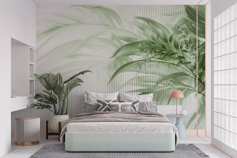 murales de pared Palmera tropical de hojas verdes con fondo blanco a rayas, iluminación suave, pinceladas delicadas, formas orgánicas w09343