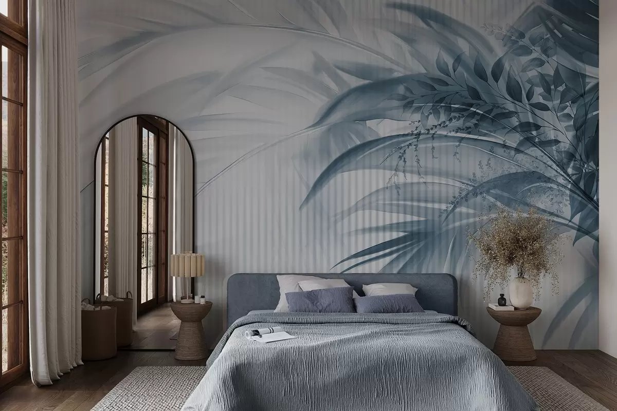 murales de pared Palmera tropical de hojas azules con fondo blanco a rayas, iluminación suave, pinceladas delicadas, formas orgánicas w09343v1