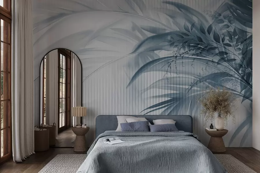 murales de pared Palmera tropical de hojas azules con fondo blanco a rayas, iluminación suave, pinceladas delicadas, formas orgánicas w09343v1