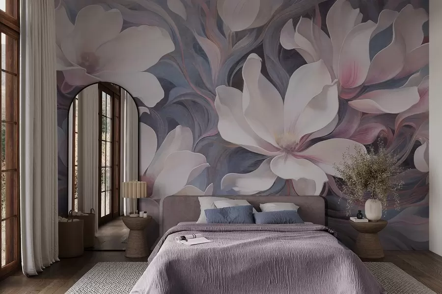 murales de pared Pintura texturizada de flores blancas de magnolia con toques rosas, sobre un fondo de tonos azules y grises apagados w09344