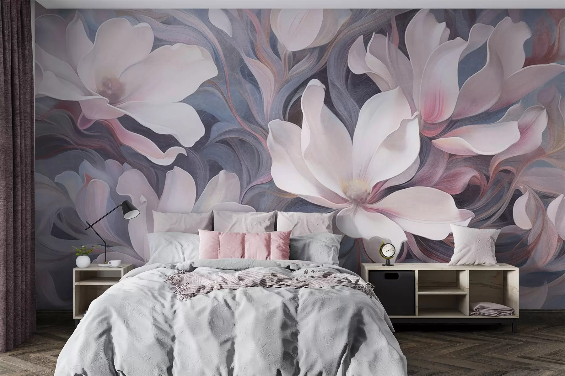 murales de pared Pintura texturizada de flores blancas de magnolia con toques rosas, sobre un fondo de tonos azules y grises apagados w09344