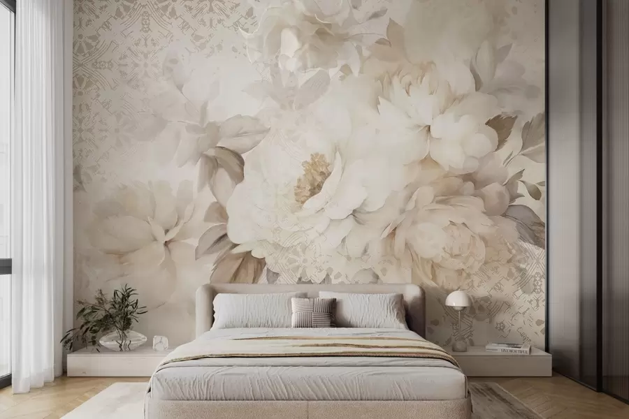 murales de pared Un arreglo floral de peonías blancas con hojas beige, sobre un fondo decorativo con textura vintage w09345