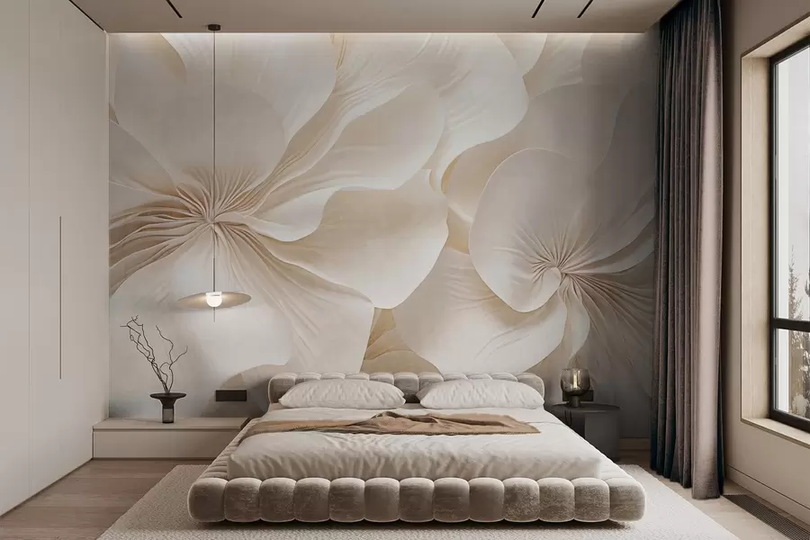 murales de pared Primer plano de flores de textura cremosa con pétalos delicados y fluidos, creando un arreglo floral suave, elegante y con textura w09346