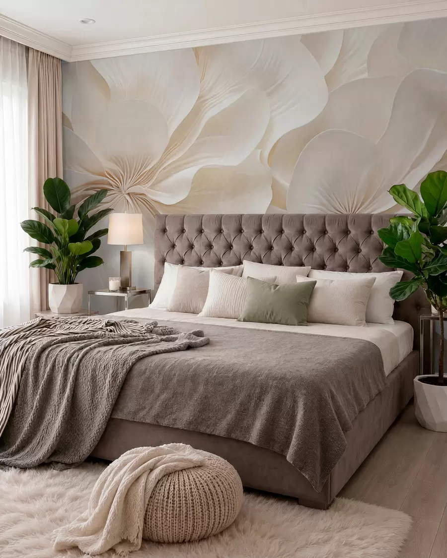 murales de pared Primer plano de flores de textura cremosa con pétalos delicados y fluidos, creando un arreglo floral suave, elegante y con textura w09346