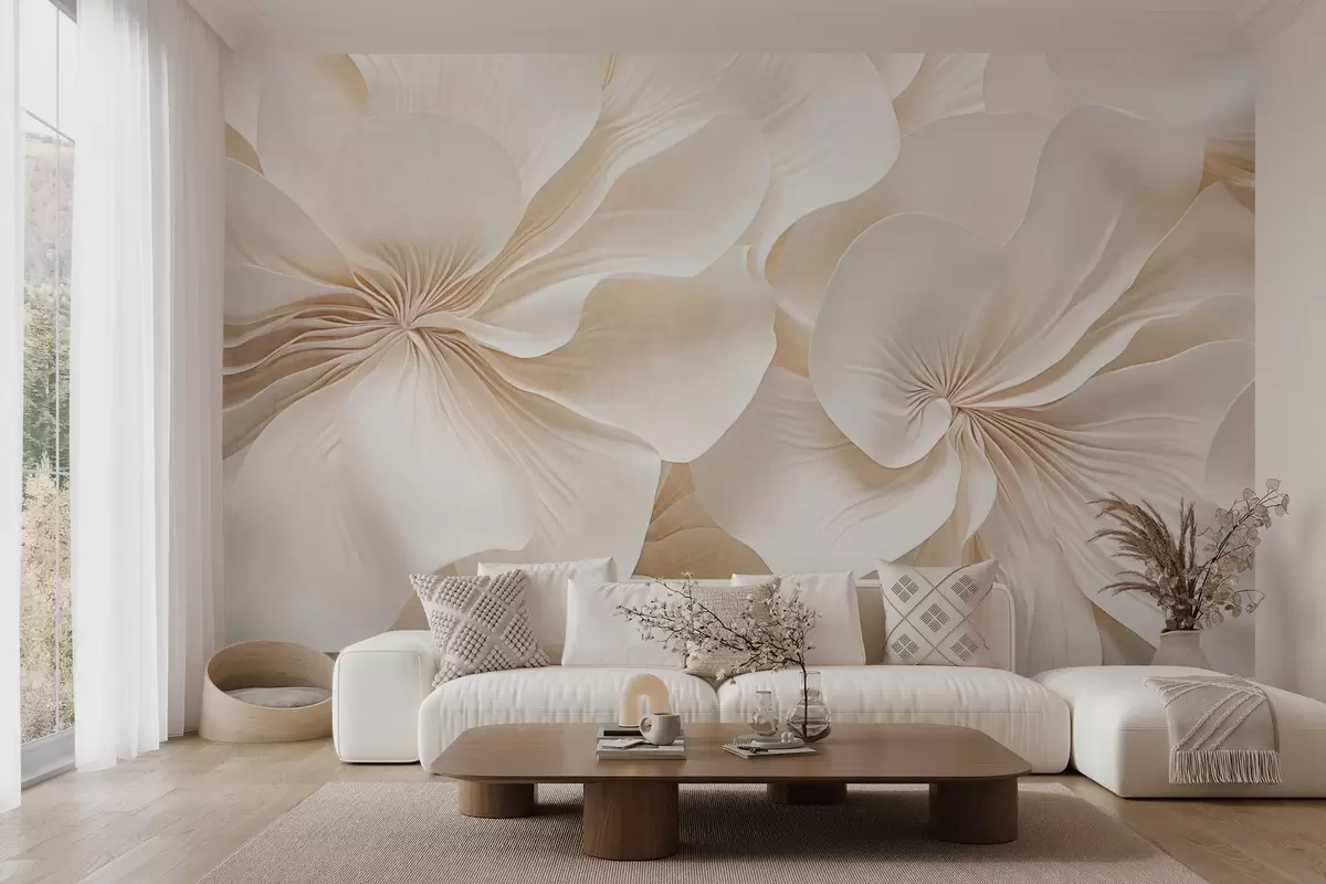 murales de pared Primer plano de flores de textura cremosa con pétalos delicados y fluidos, creando un arreglo floral suave, elegante y con textura w09346