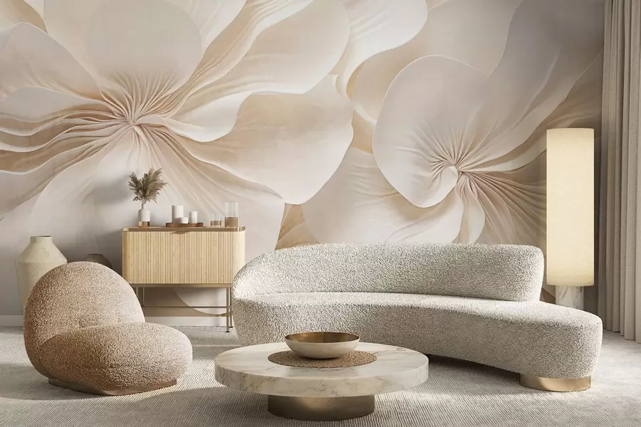 murales de pared Primer plano de flores de textura cremosa con pétalos delicados y fluidos, creando un arreglo floral suave, elegante y con textura w09346