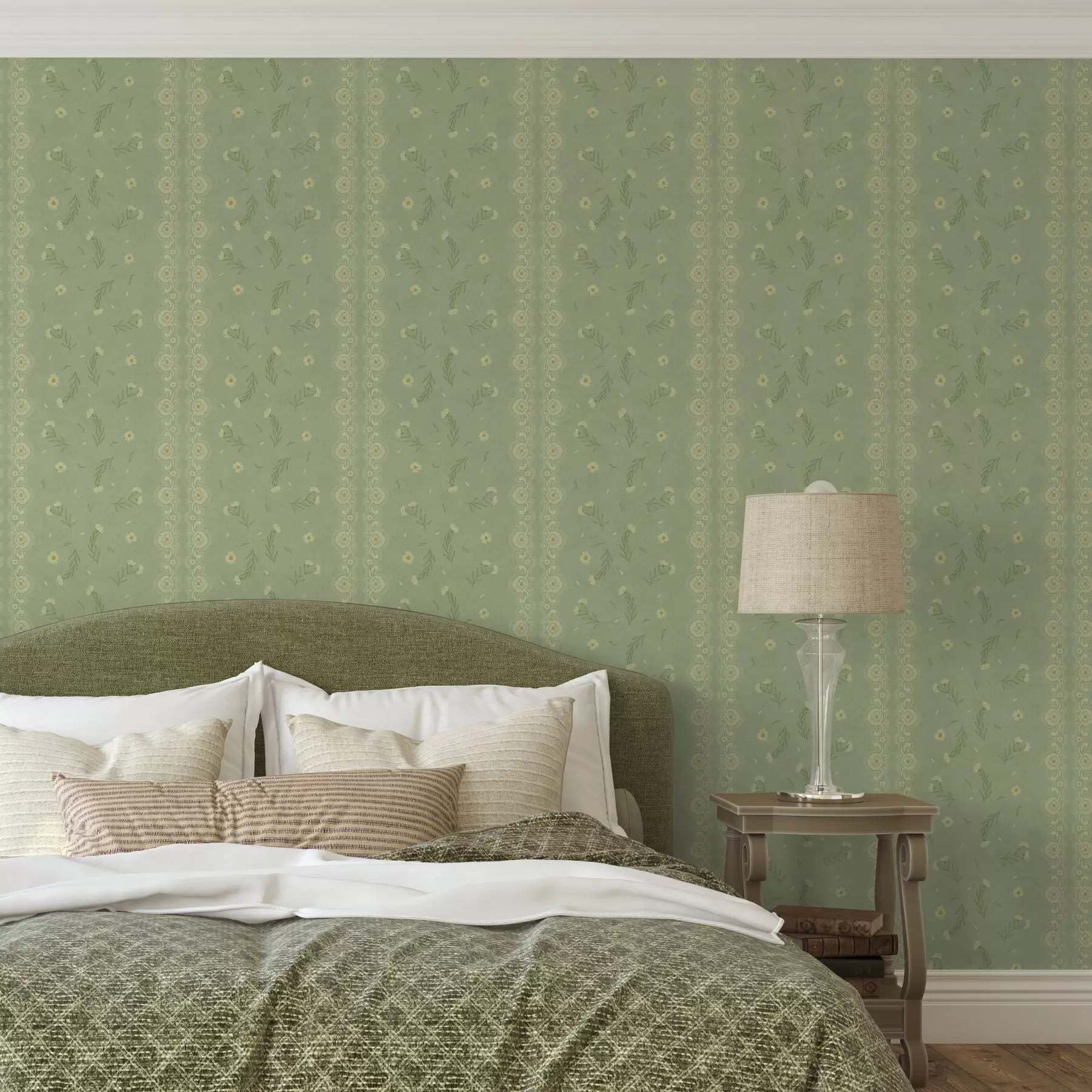 murales de pared Fondo verde con margaritas y borde de encaje a00291