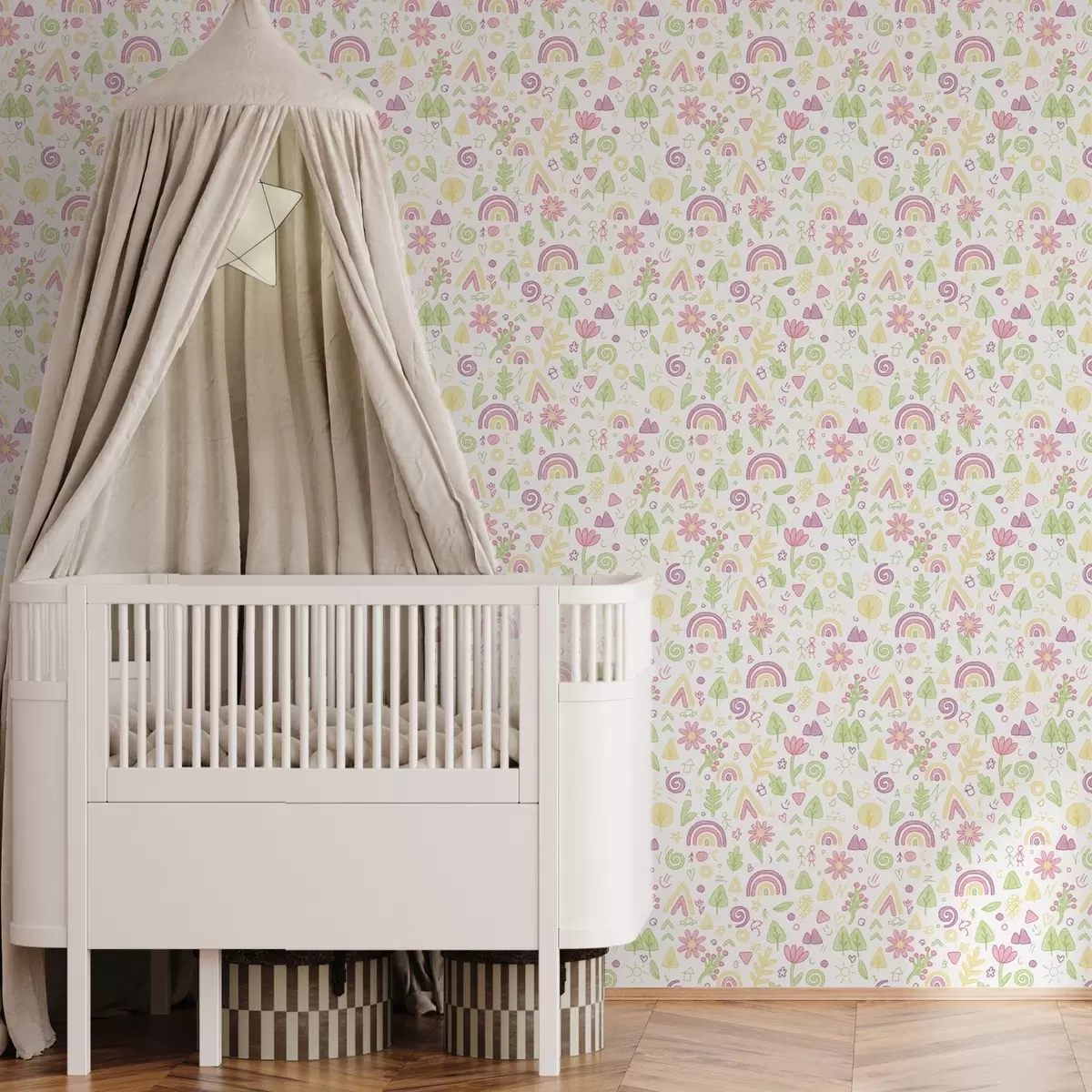 Papel pintado Dibujo infantil con arco iris, flores y árboles a00296