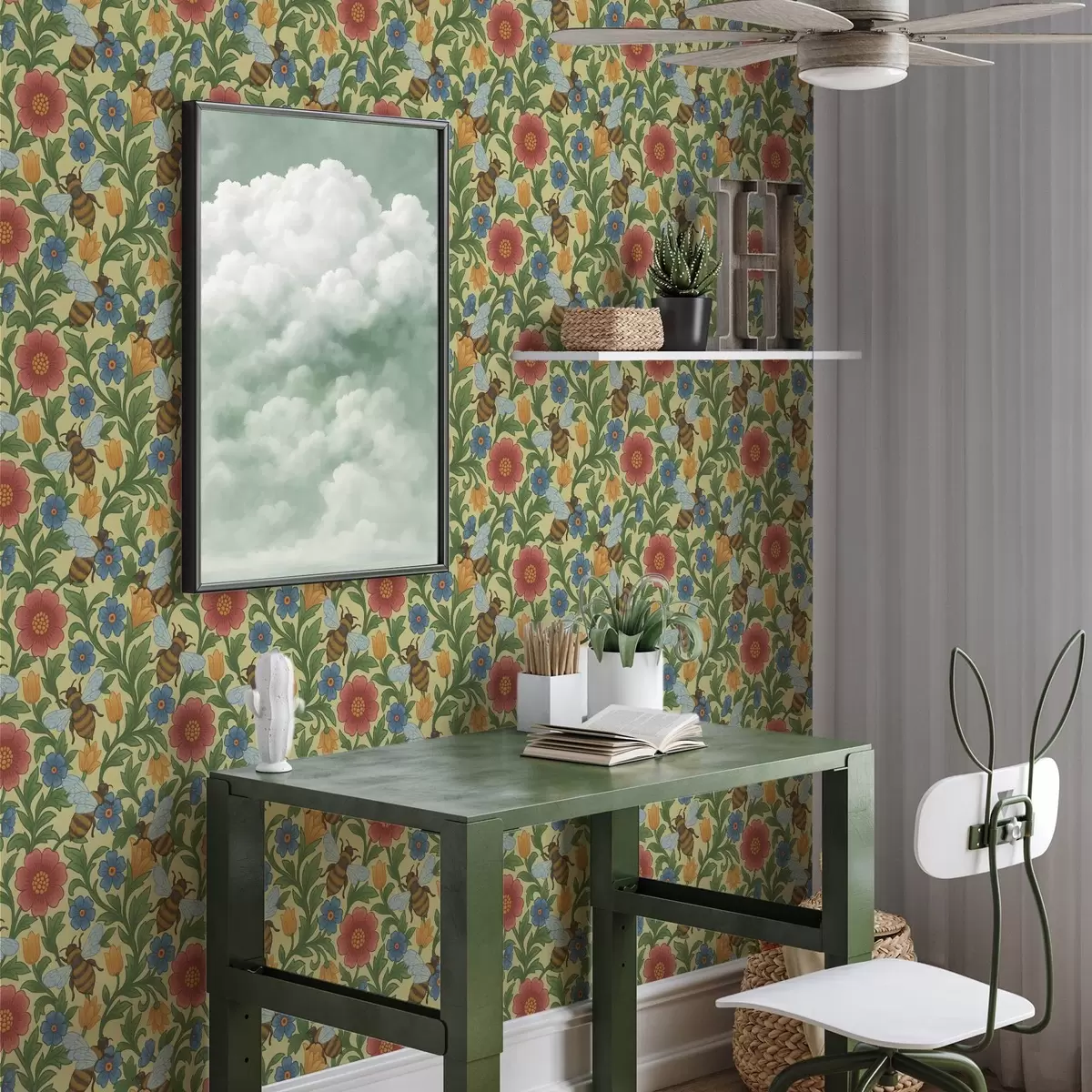 Papel pintado Flores brillantes con grandes abejas a00315