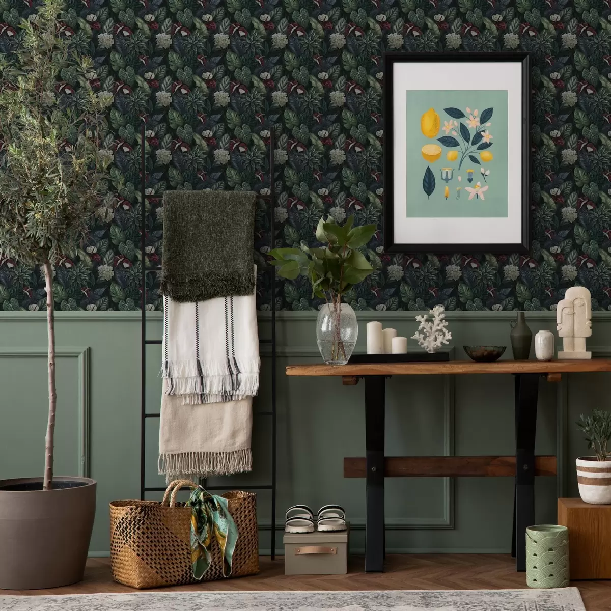 Papel pintado Hojas tropicales con flores blancas y rojas a00361