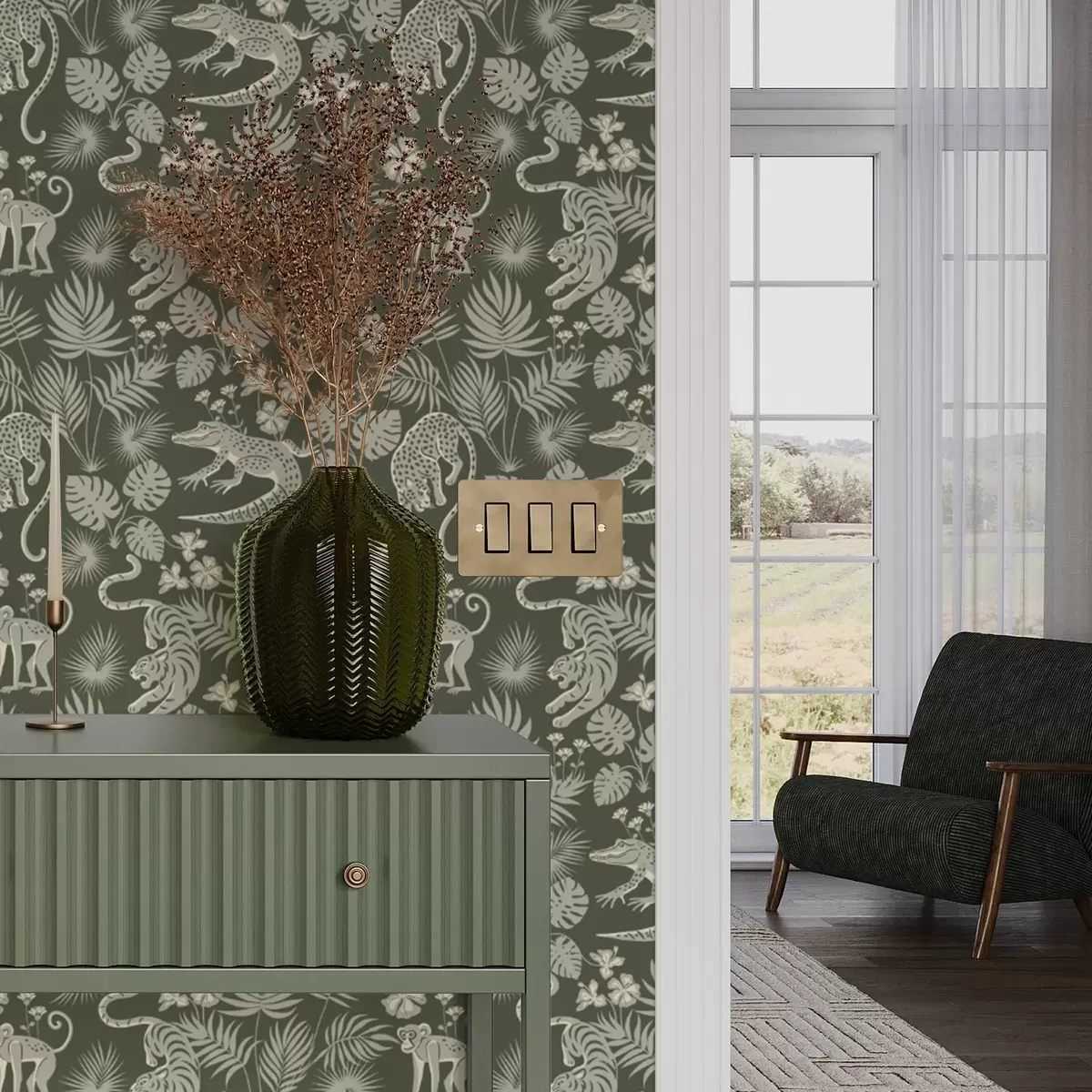 Papel pintado Siluetas de animales salvajes entre hojas tropicales a00404