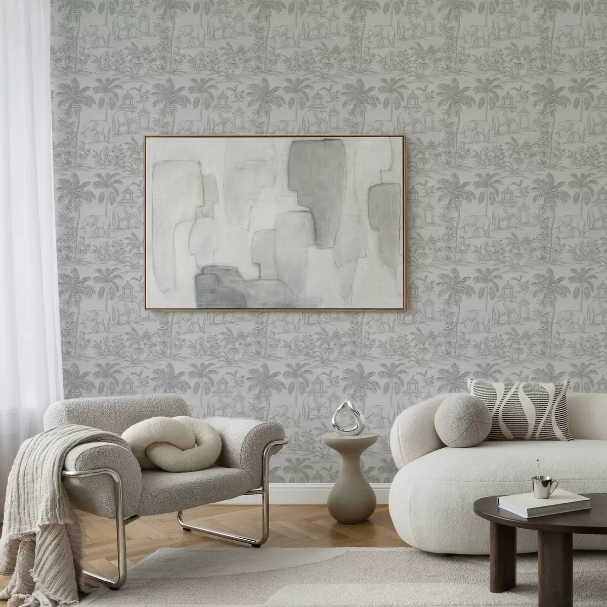 Papel pintado Elefantes monocromos y jungla en estilo gráfico a00410