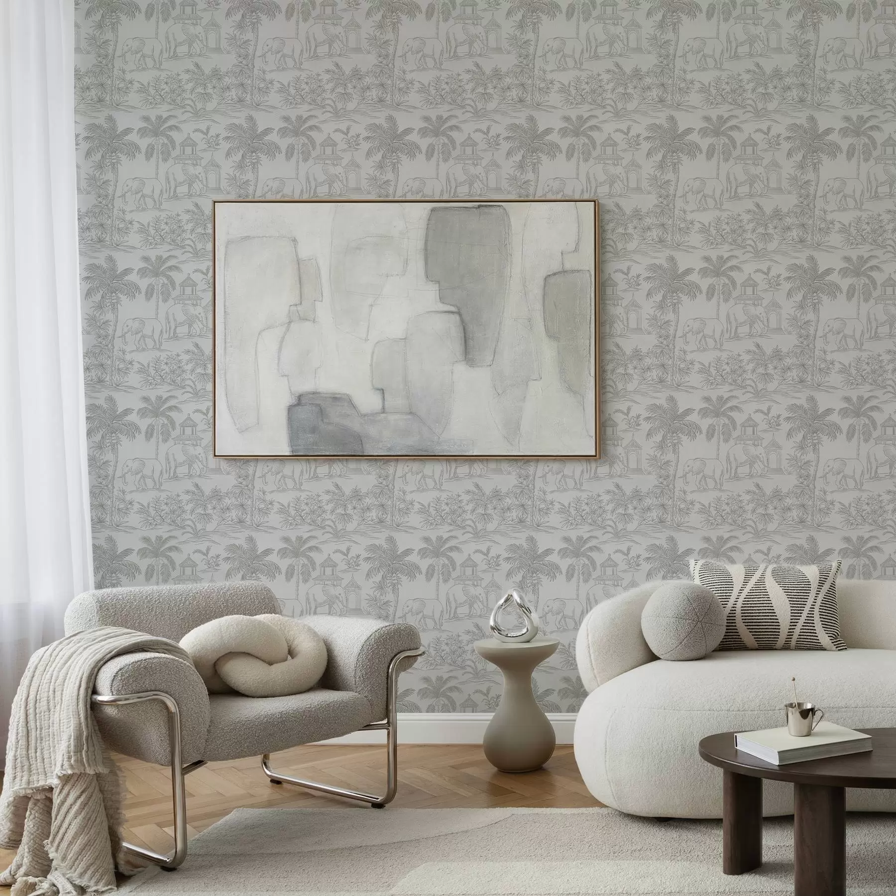 murales de pared Elefantes monocromos y jungla en estilo gráfico a00410