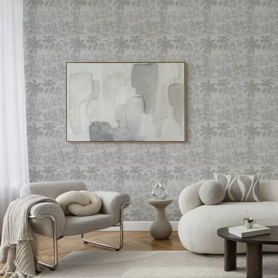 murales de pared Elefantes monocromos y jungla en estilo gráfico a00410