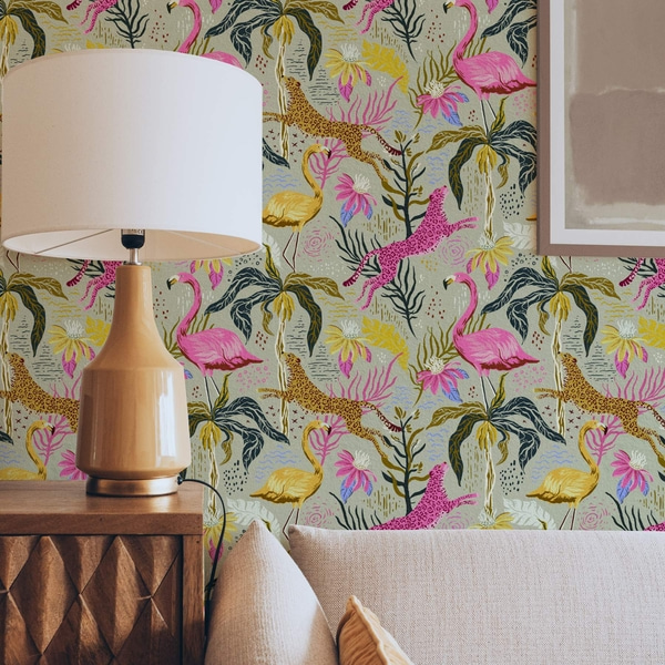 Papel tapiz Flamencos y leopardos brillantes entre plantas tropicales, Papel tapiz Naturaleza, a00470 : Uwalls.mx