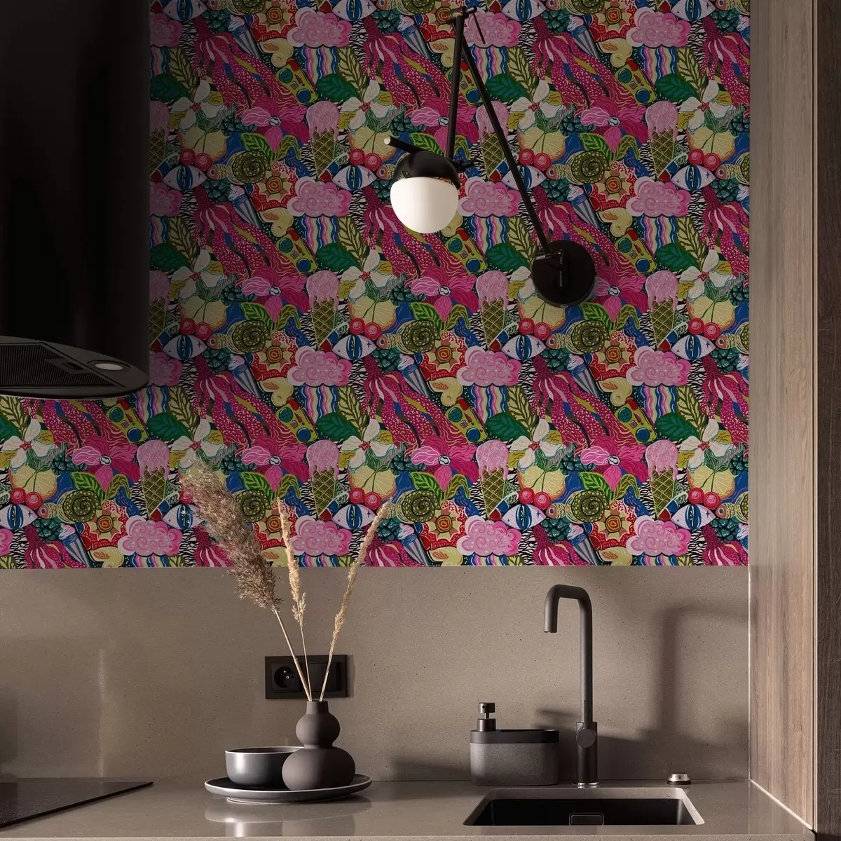 Papel pintado Pop-art abstracto con flores, bayas y motivos a00471