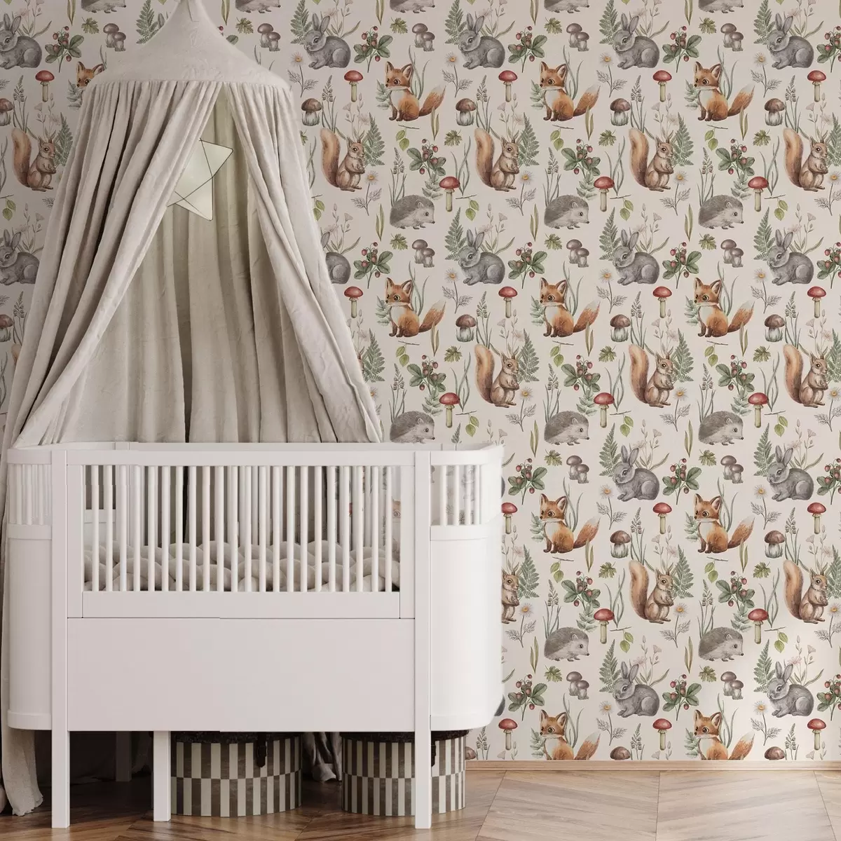 Papel pintado Animales, setas y plantas del bosque en un estilo de cuento de hadas a00477