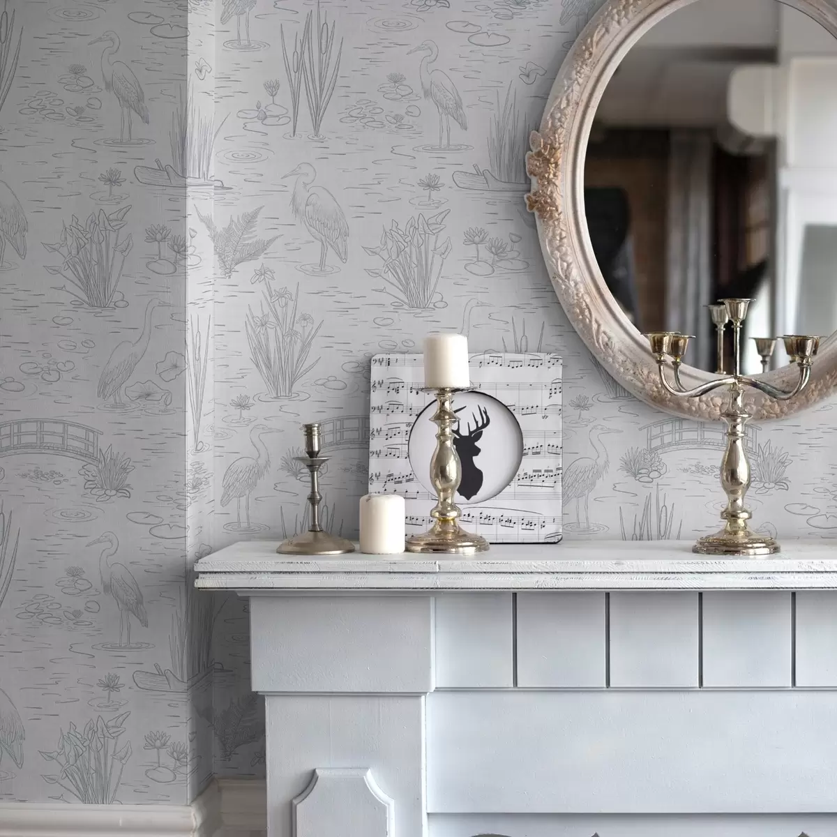 Papel pintado Dibujo de garzas y plantas acuáticas en tonos grises tranquilos a00479