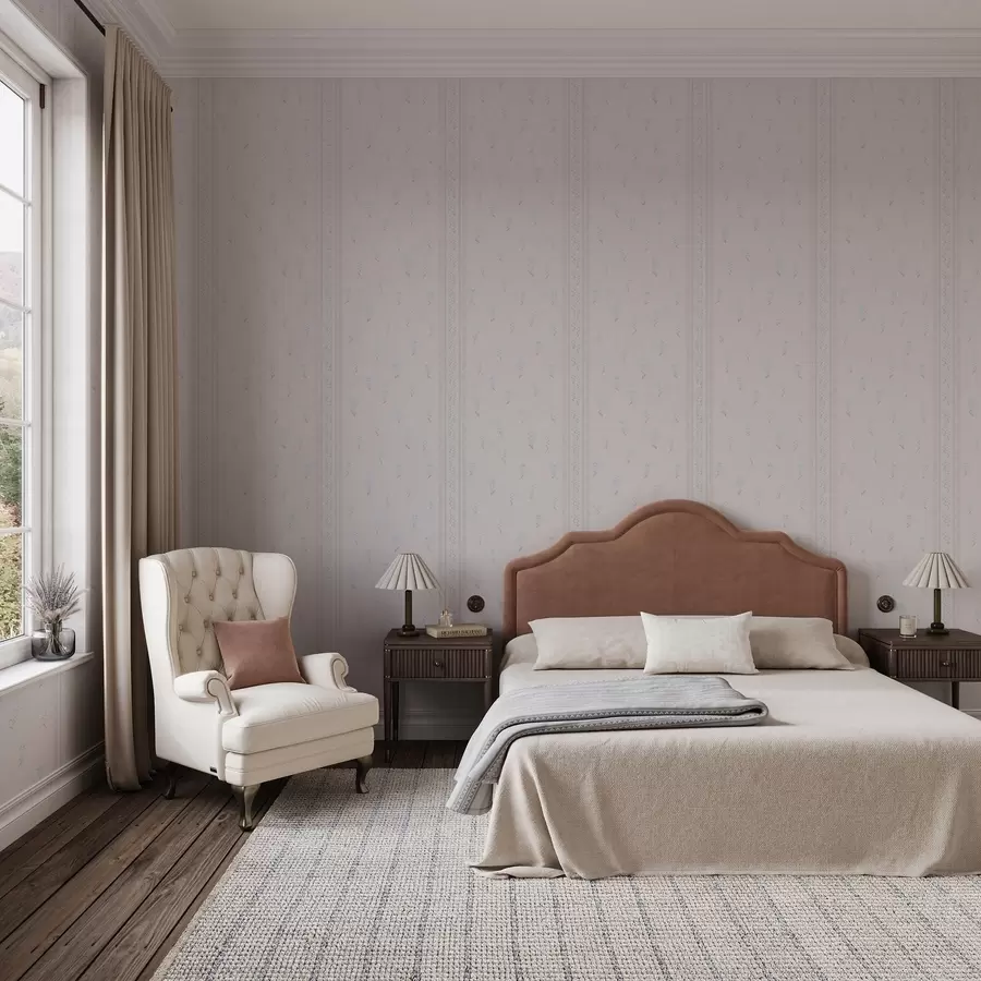 murales de pared Fondo rosa con delicadas flores azules y cenefa a00484