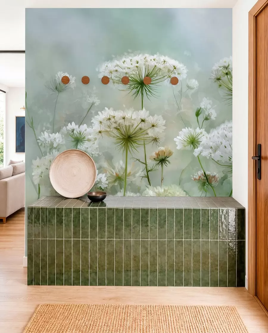 murales de pared delicadas flores silvestres blancas Reina Ana, de estilo pintoresco, tonos verdes w04313