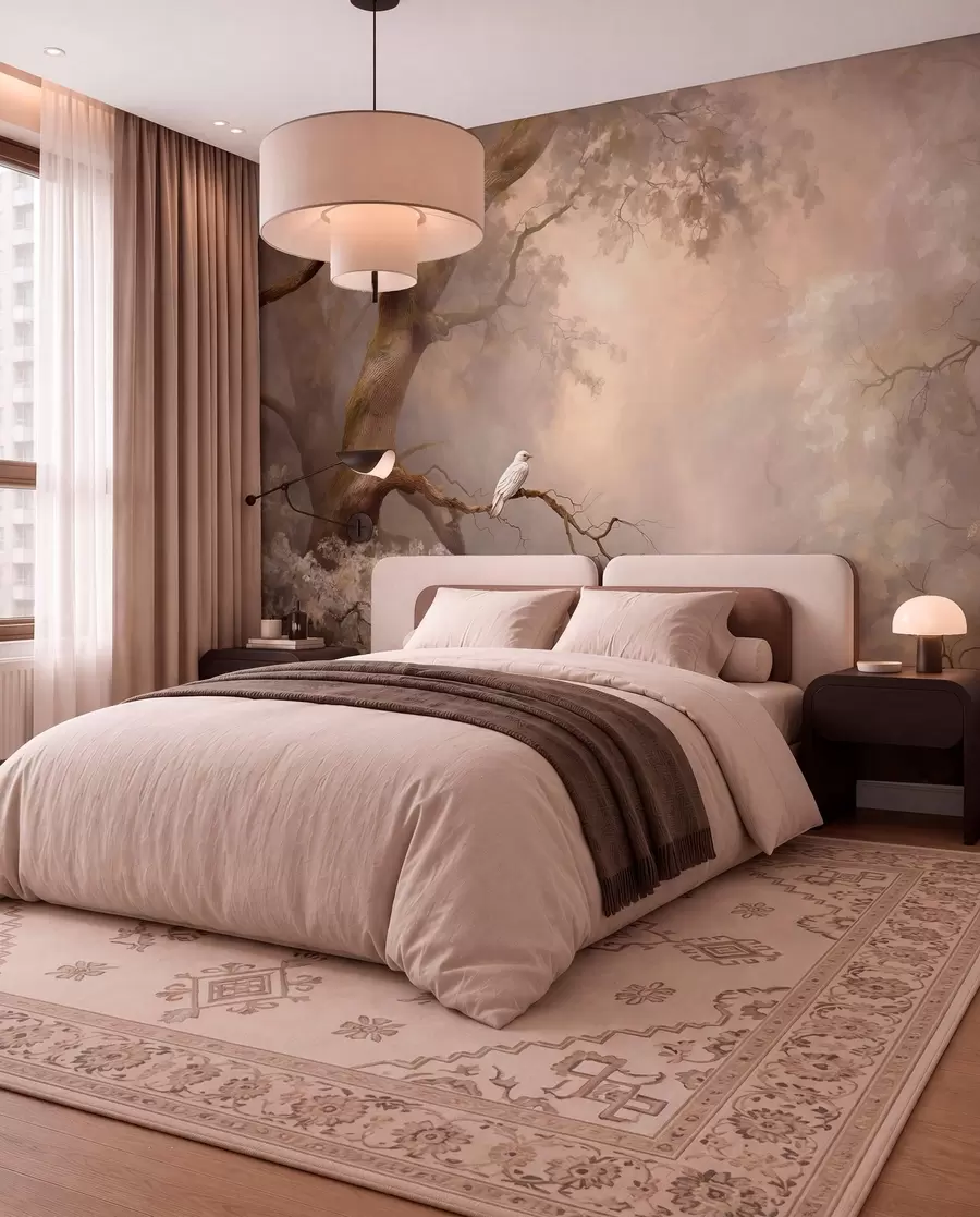 murales de pared bosque místico con un pájaro blanco w04314