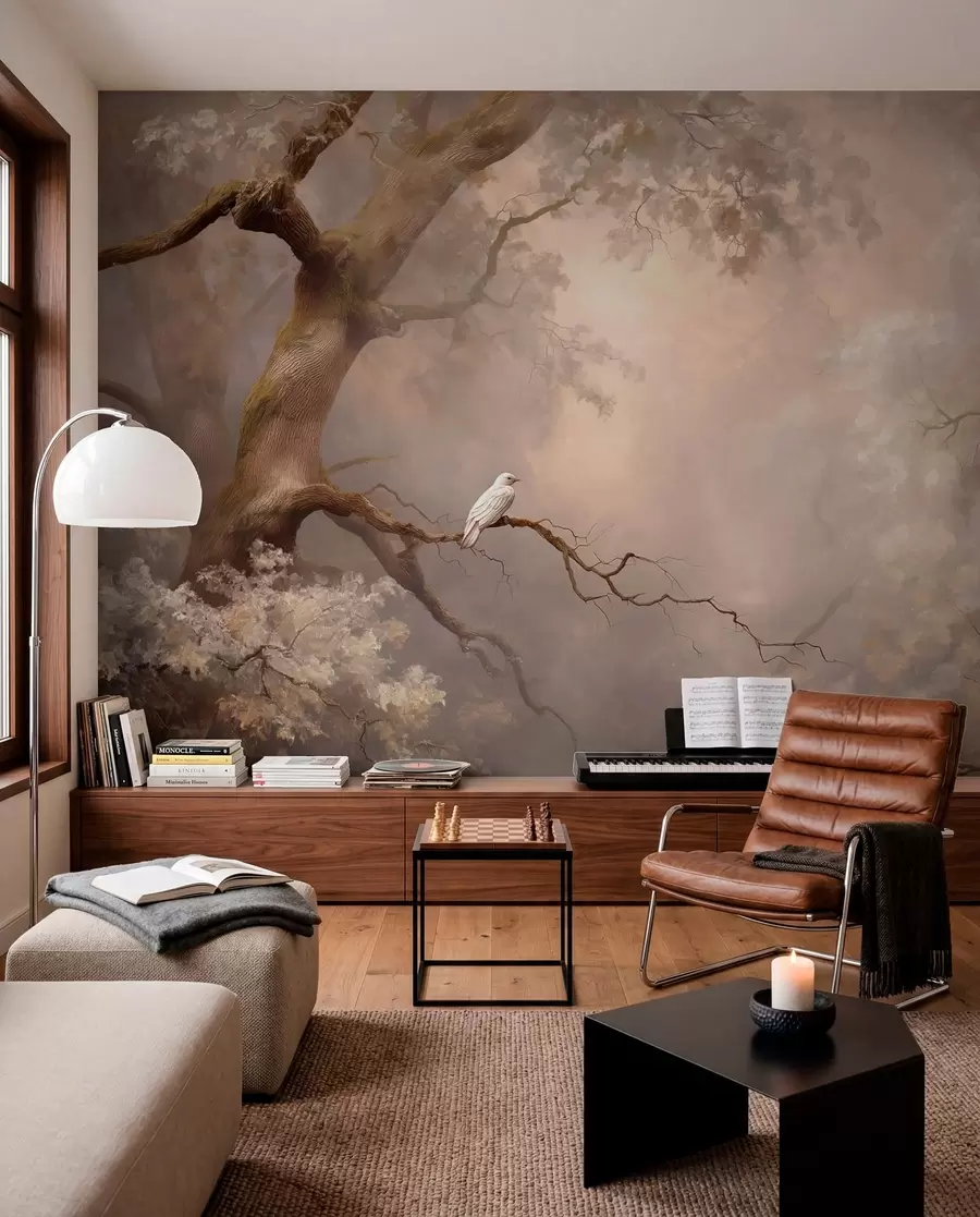 murales de pared bosque místico con un pájaro blanco w04314