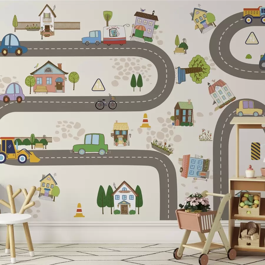 murales de pared Carretera infantil con coches y casas de colores w04404