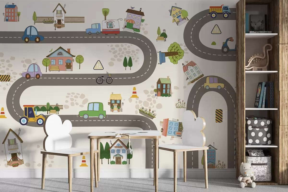 murales de pared Carretera infantil con coches y casas de colores w04404
