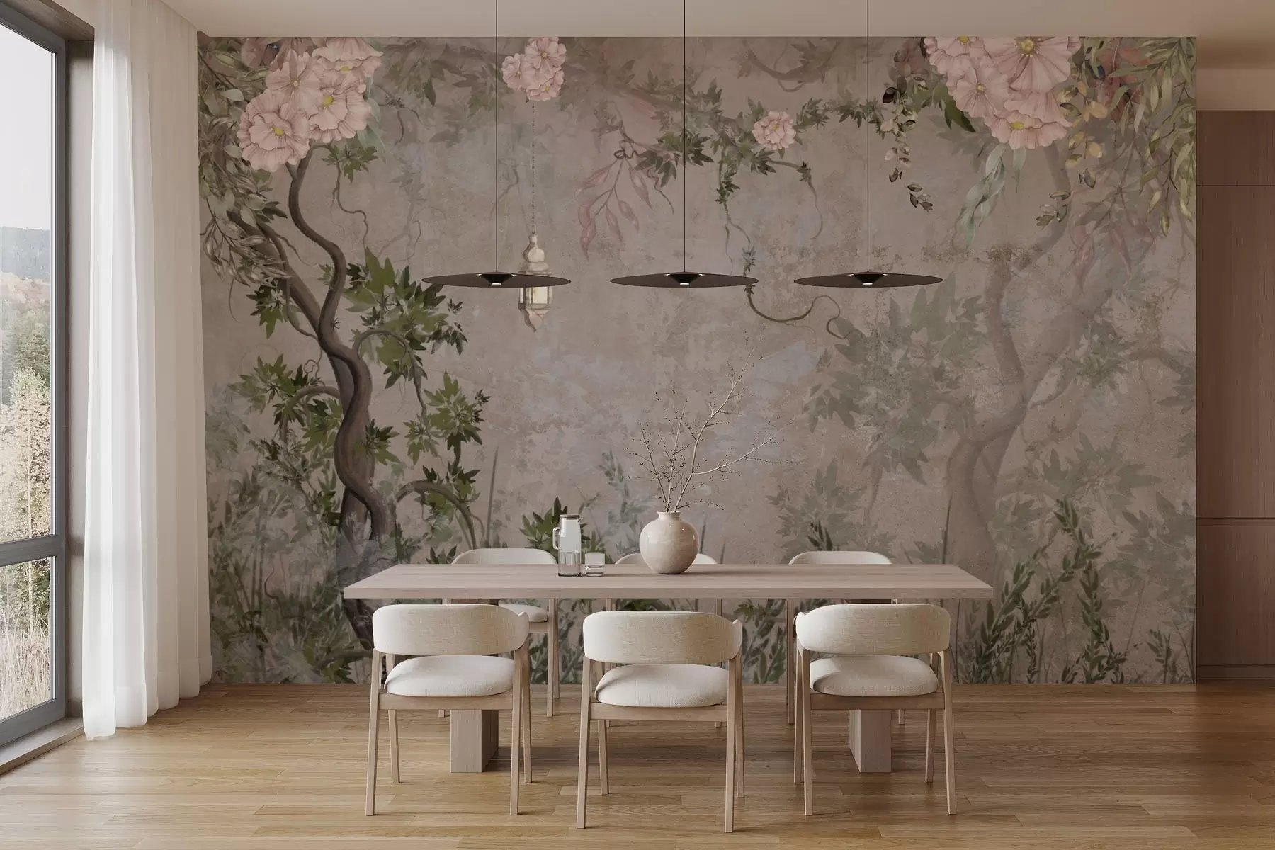 murales de pared Jardín de hadas con flores, árboles y farolillo w04416