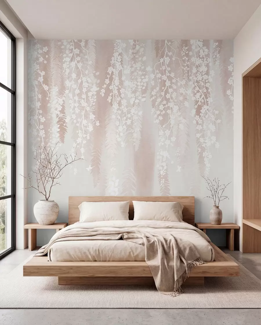 murales de pared Ramas ligeras con flores blancas sobre un fondo suave w04417
