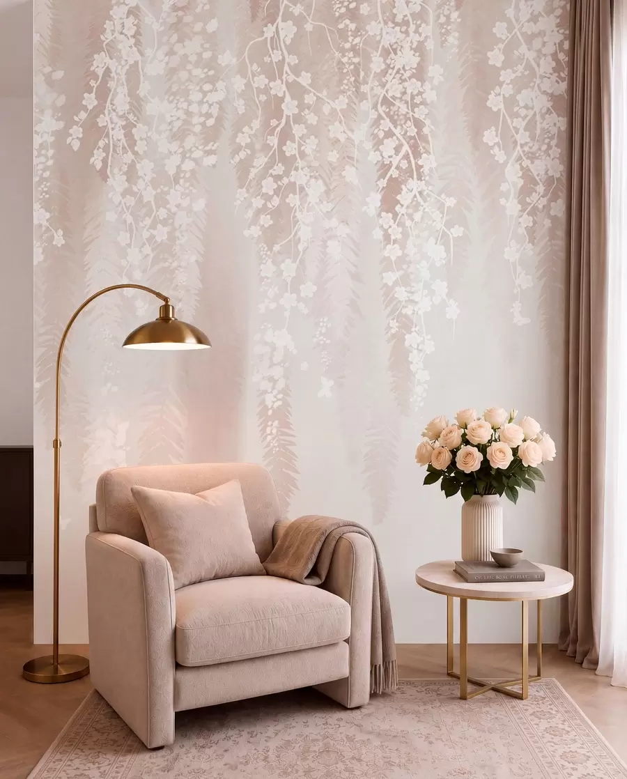 murales de pared Ramas ligeras con flores blancas sobre un fondo suave w04417