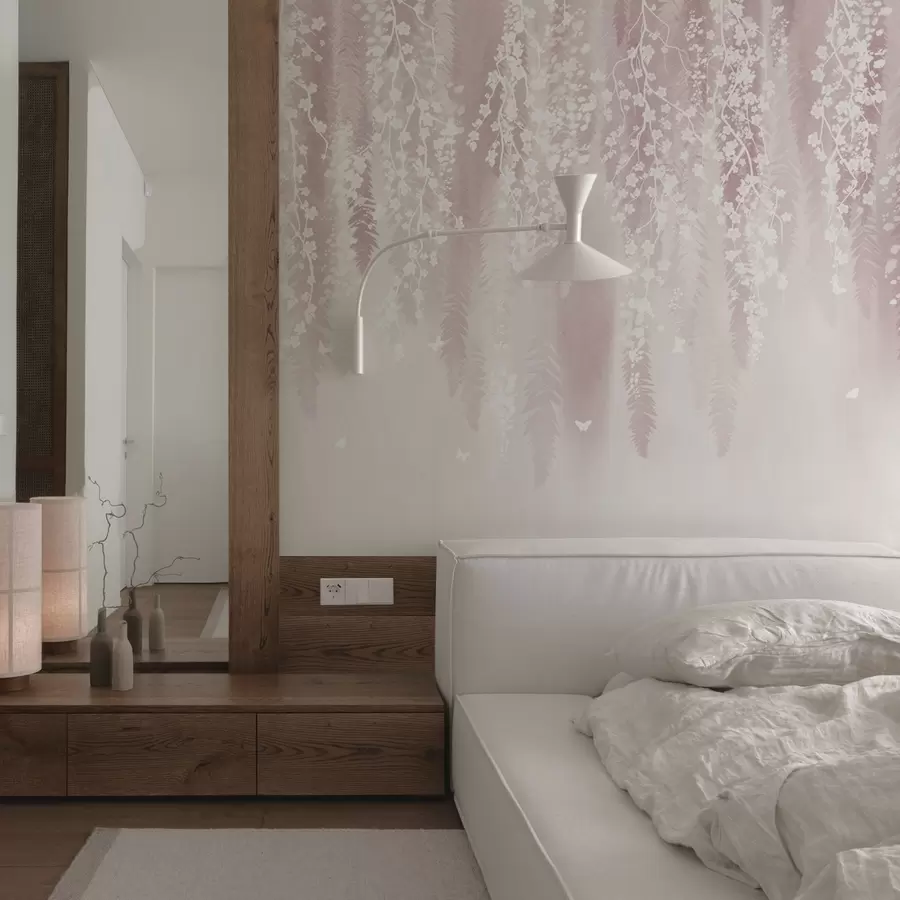 murales de pared Versión rosa de las ramas con flores blancas w04417v1