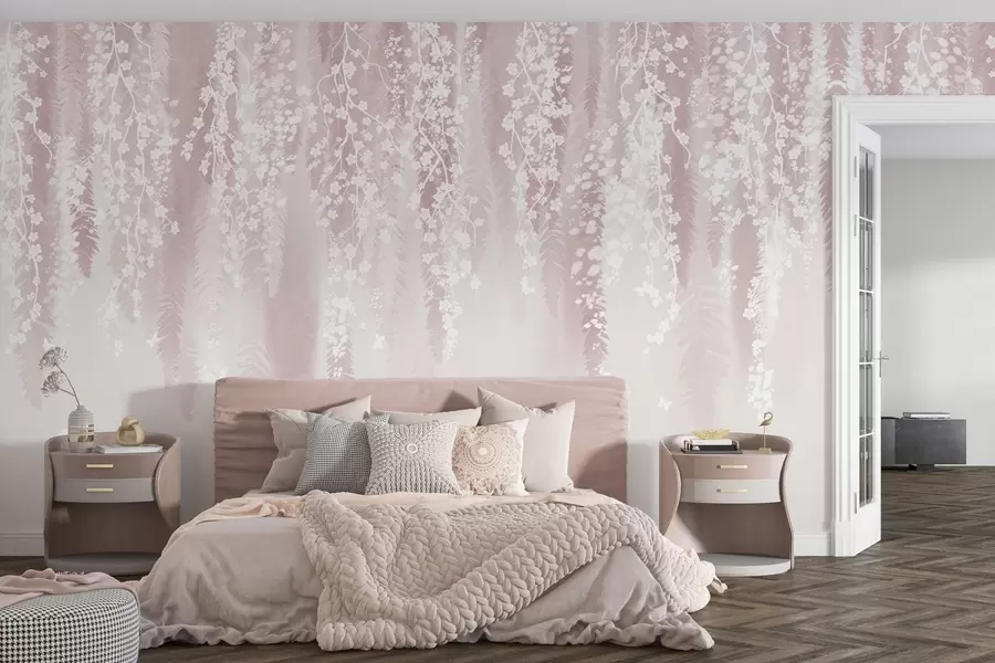 murales de pared Versión rosa de las ramas con flores blancas w04417v1