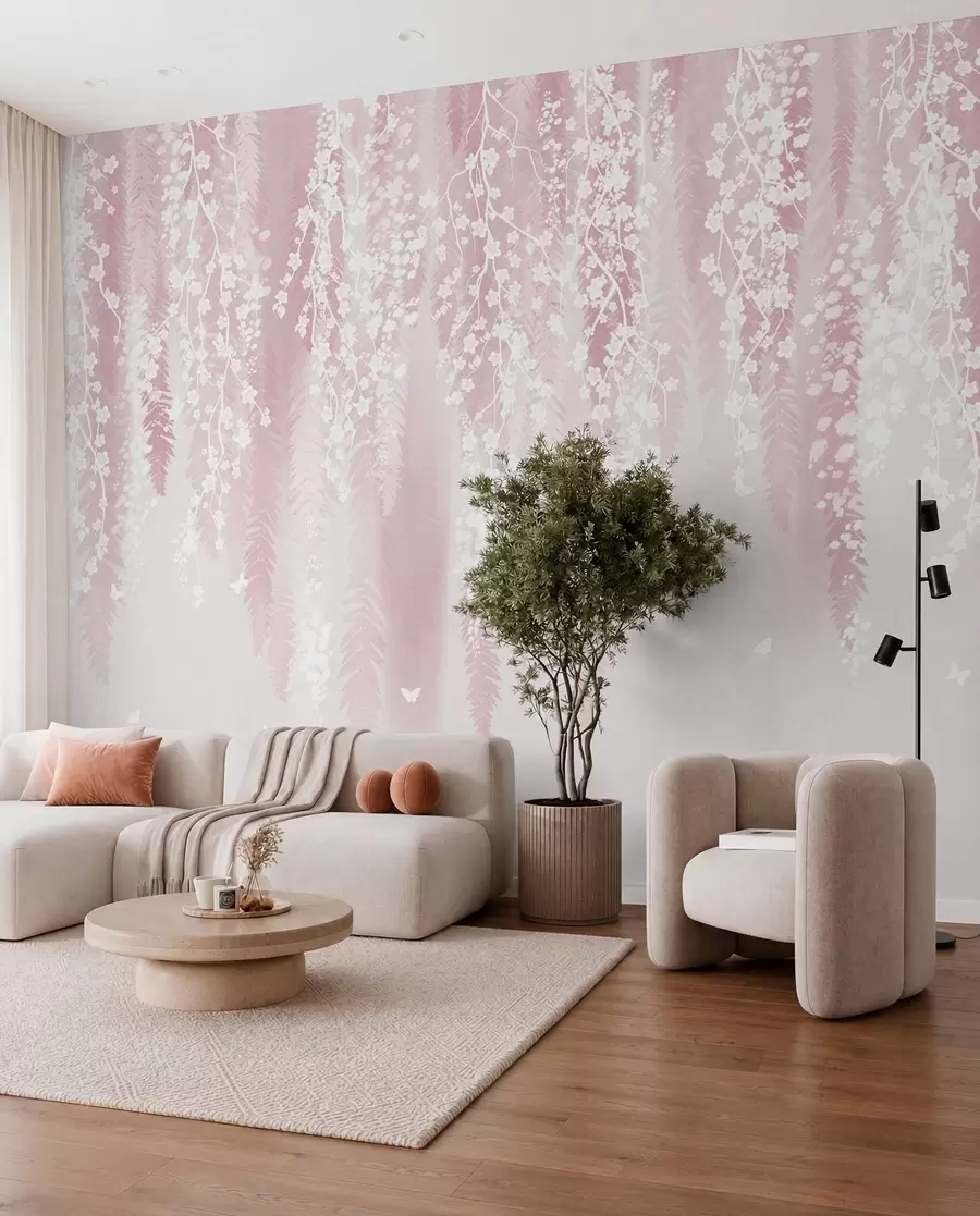 murales de pared Versión rosa de las ramas con flores blancas w04417v1