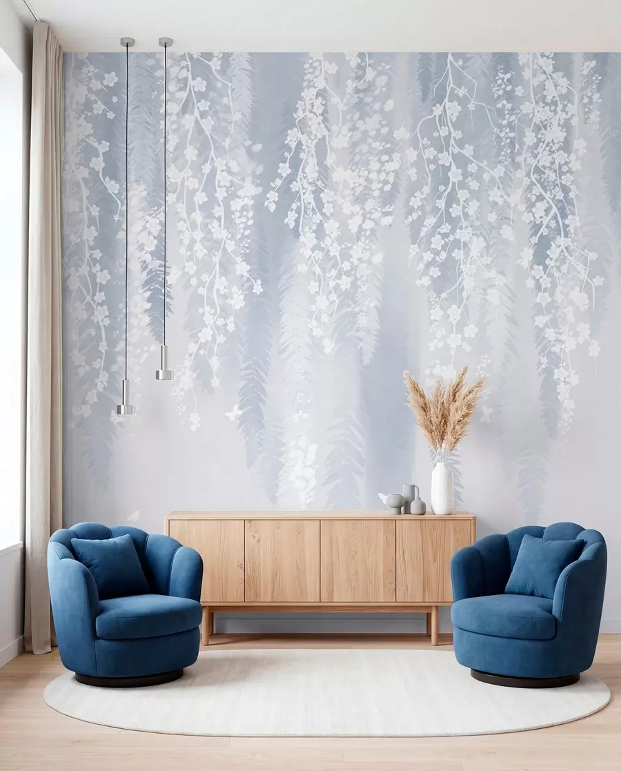 murales de pared Fresca versión azul de ramas con flores blancas w04417v2