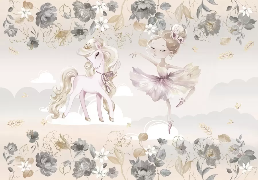 murales de pared Poni blanco como la nieve y bailarina entre flores y nubes w04419