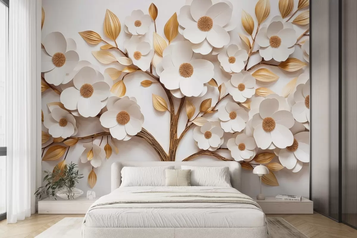 murales de pared Árbol con flores blancas e imitación de hojas en relieve w09348