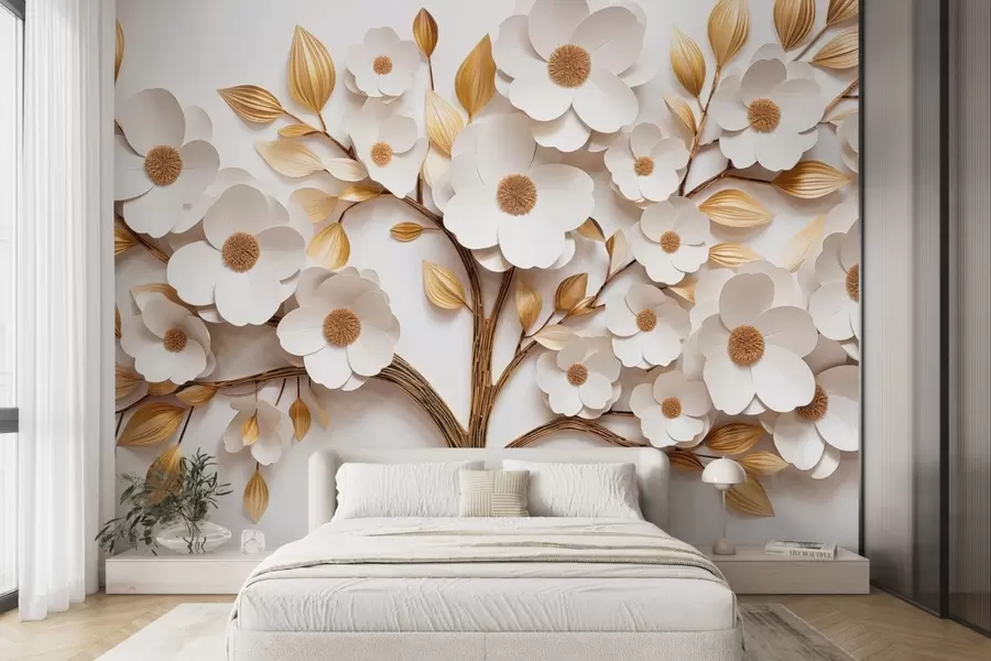 murales de pared Árbol con flores blancas e imitación de hojas en relieve w09348